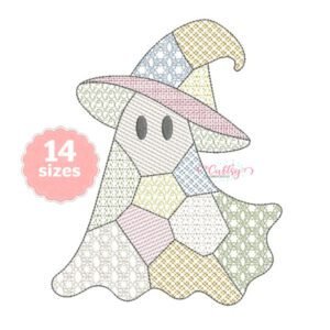 Pastel patchwork ghost wearing a curved witch hat, with two gray oval eyes and decorative embroidery motifs in pink, pale green, powder blue, ivory, yellow, and gold on a white background.