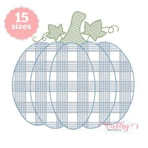 Gingham pumpkin embroidery design size chart showing 15 sizes from 3.5 to 10 inches, stitch counts, and eight embroidery machine file formats.