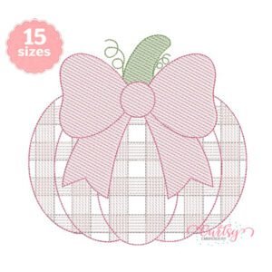 Gingham pumpkin with bow embroidery design shown on a plain white background, with beige plaid fill, pink stitched bow and green curling vines.