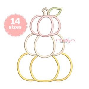 Software stitch preview of a stacked pumpkin applique embroidery design featuring three pumpkins topped with a stem and leaf.