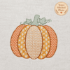 Actual tester stitch-out of an orange and gold motif pumpkin with green leaves and curling vines on ivory fabric, with a badge reading “Tester Stitched Photo.”