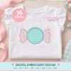 Wrapped Candy Applique Design mokcup 600 Wrapped candy applique machine embroidery design displayed on a white children's top with pink and aqua stitching, a 16 sizes badge, and included digital embroidery formats.